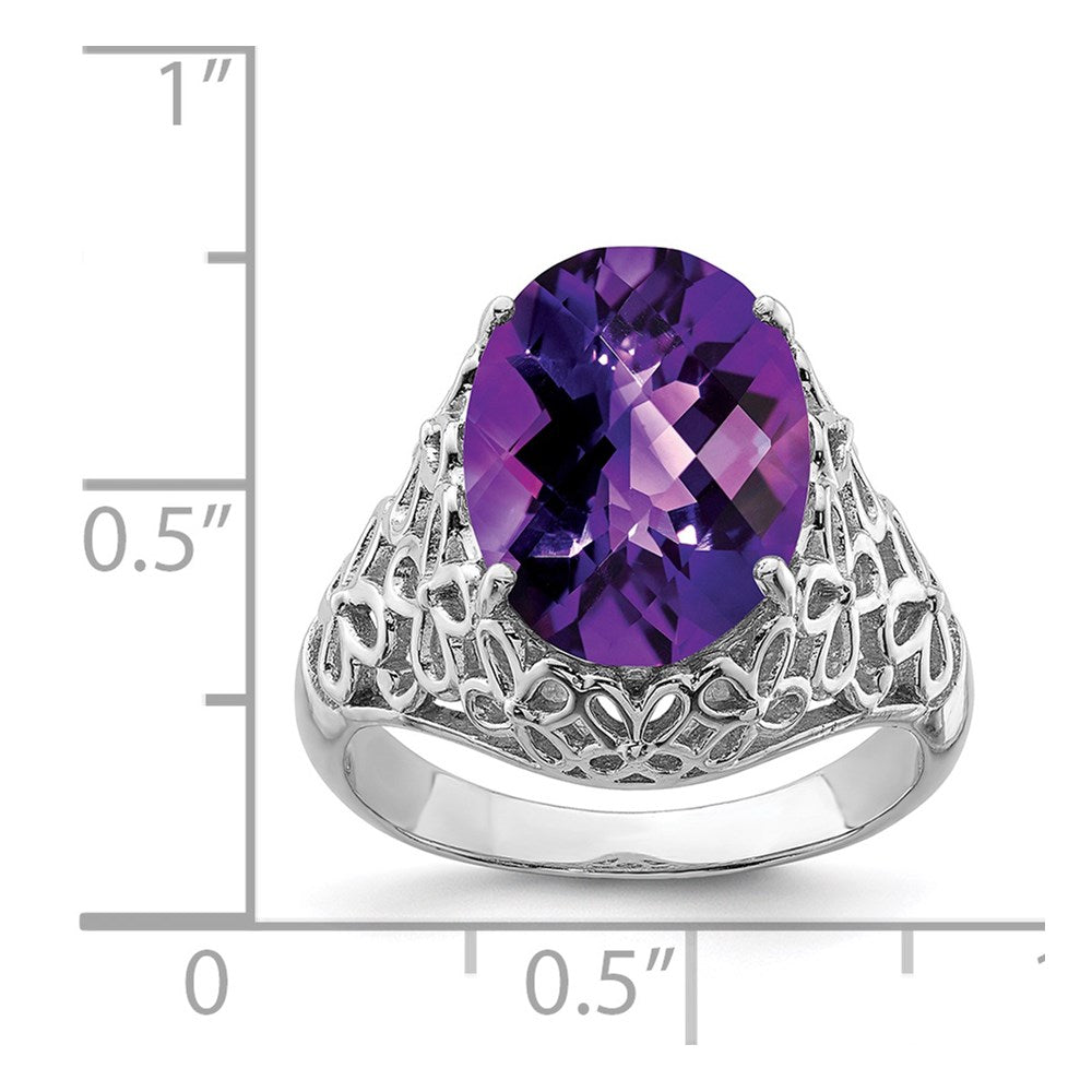 Sterling Silver Rhodium-plated Checker-Cut Amethyst Ring