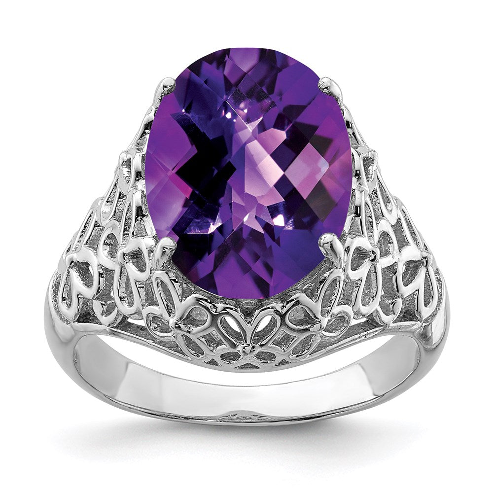 Sterling Silver Rhodium-plated Checker-Cut Amethyst Ring