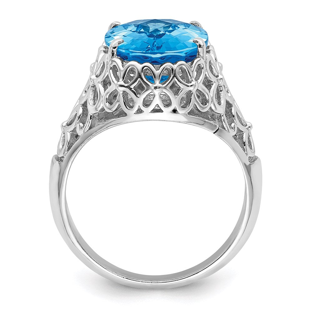 Sterling Silver Rhodium Checker-Cut Blue Topaz Ring