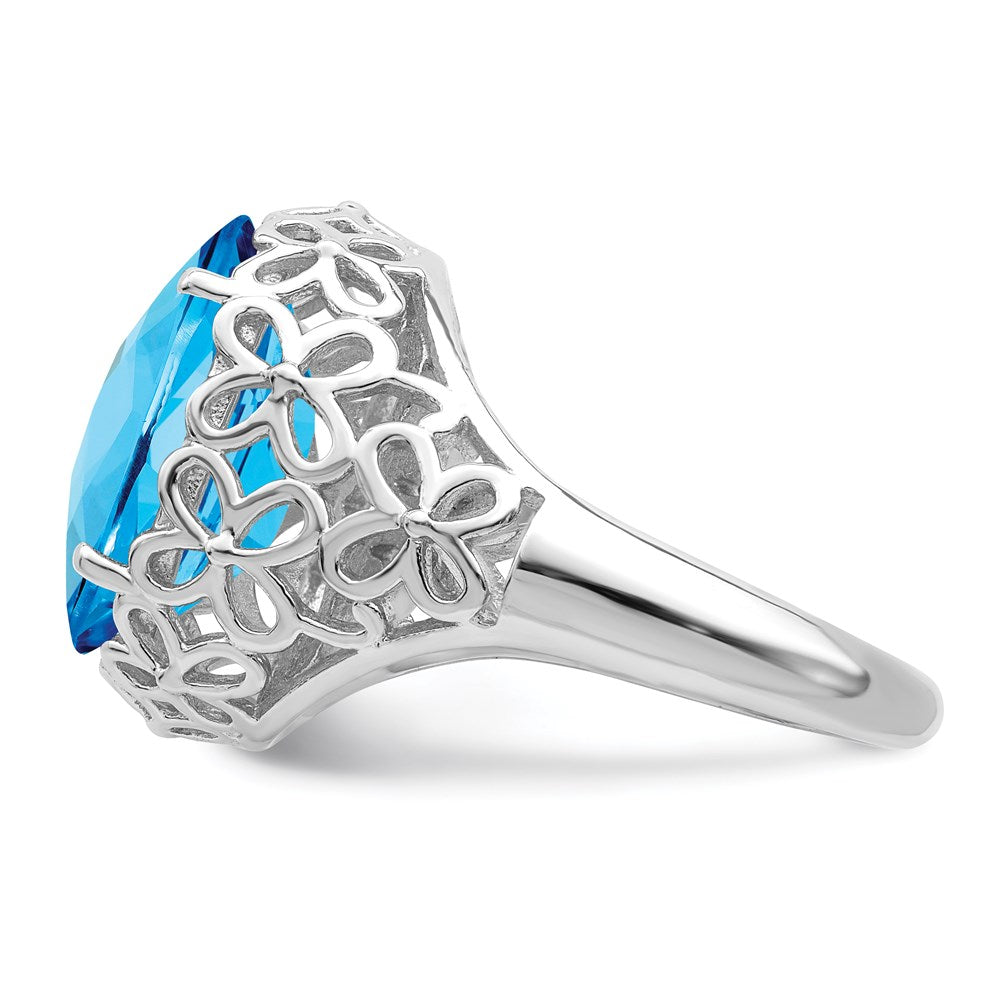 Sterling Silver Rhodium Checker-Cut Blue Topaz Ring