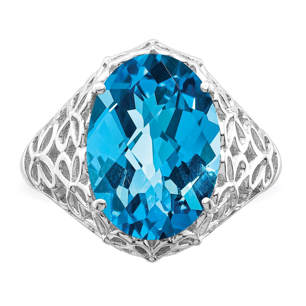 Sterling Silver Rhodium Checker-Cut Blue Topaz Ring