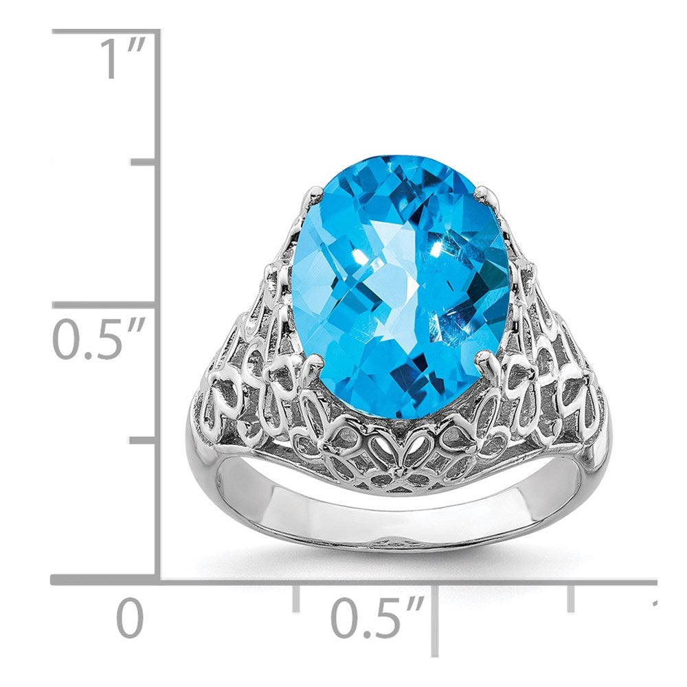 Sterling Silver Rhodium Checker-Cut Blue Topaz Ring