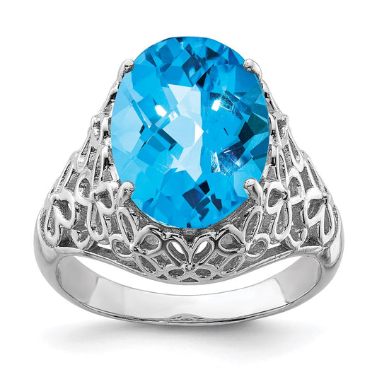 Sterling Silver Rhodium Checker-Cut Blue Topaz Ring