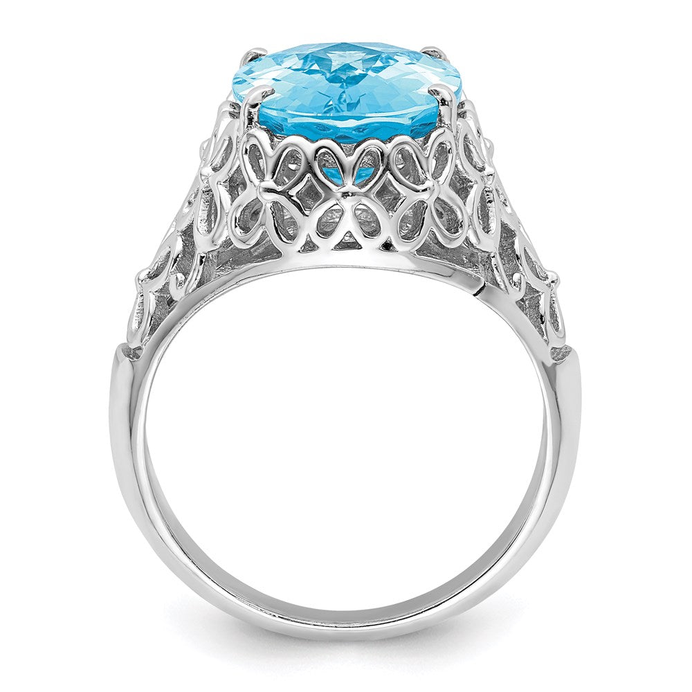 Sterling Silver Rhodium Checker-Cut Sky Blue Topaz Ring