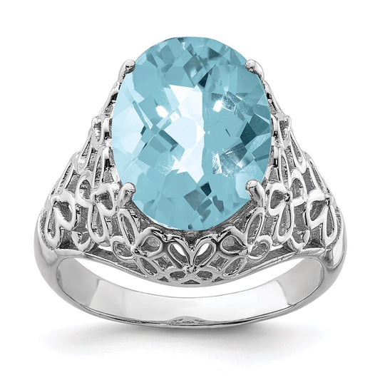 Sterling Silver Rhodium Checker-Cut Sky Blue Topaz Ring