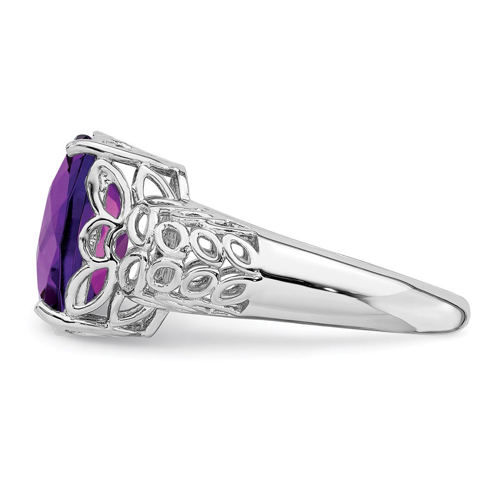 Sterling Silver Rhodium-plated Checker-Cut Amethyst Ring