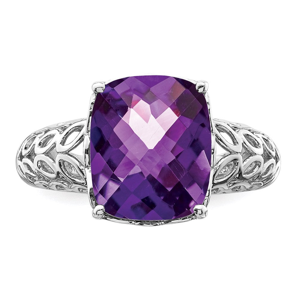 Sterling Silver Rhodium-plated Checker-Cut Amethyst Ring