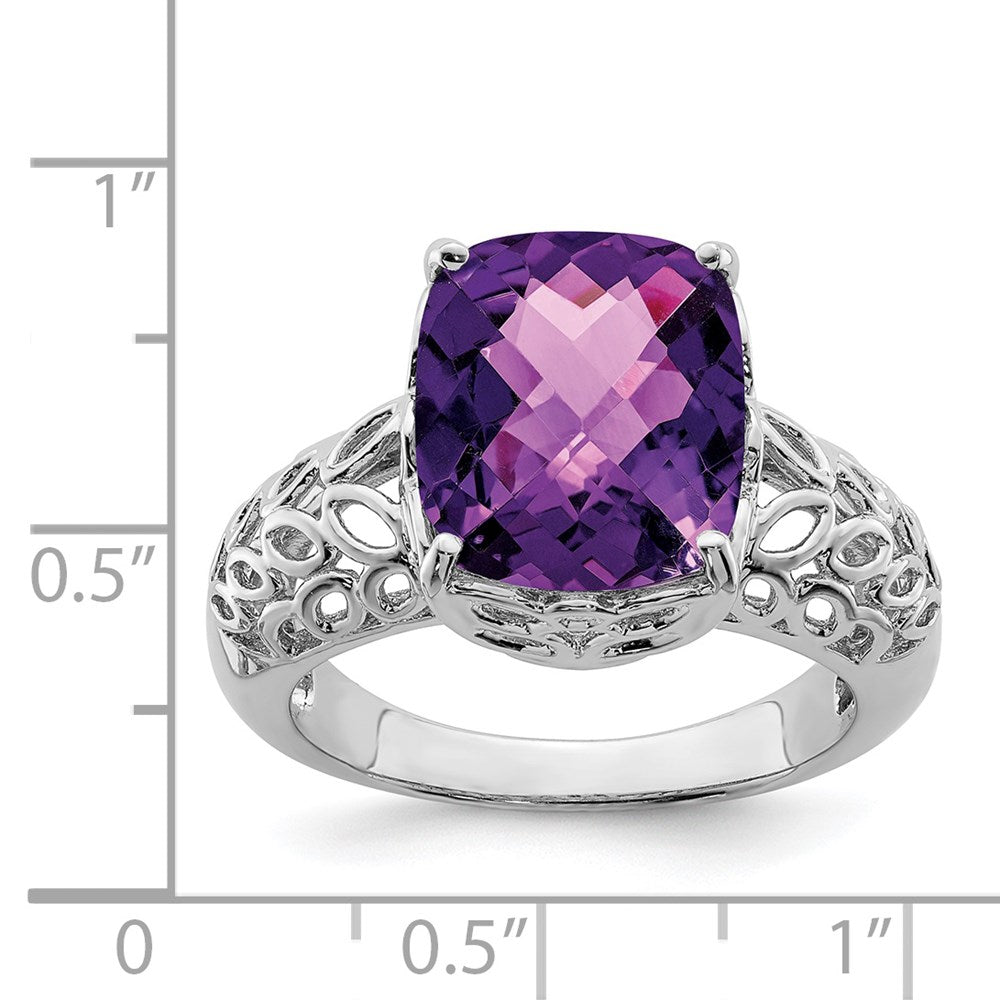 Sterling Silver Rhodium-plated Checker-Cut Amethyst Ring