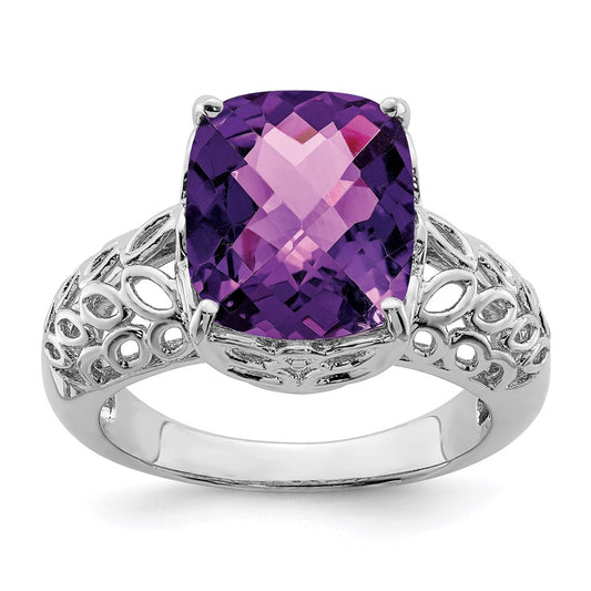 Sterling Silver Rhodium-plated Checker-Cut Amethyst Ring