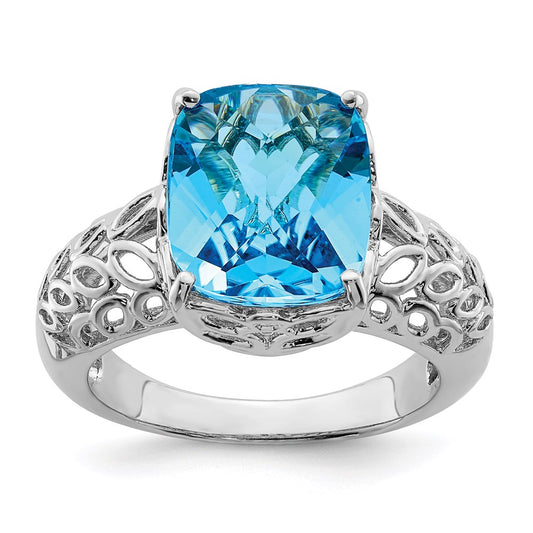 Sterling Silver Rhodium Checker-Cut Blue Topaz Ring