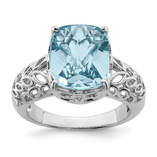 Sterling Silver Rhodium Checker-Cut Sky Blue Topaz Ring