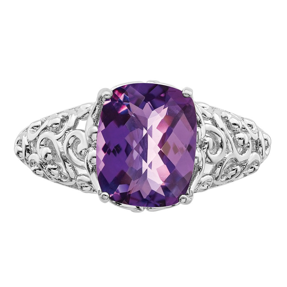 Sterling Silver Rhodium-plated Checker-Cut Amethyst Ring