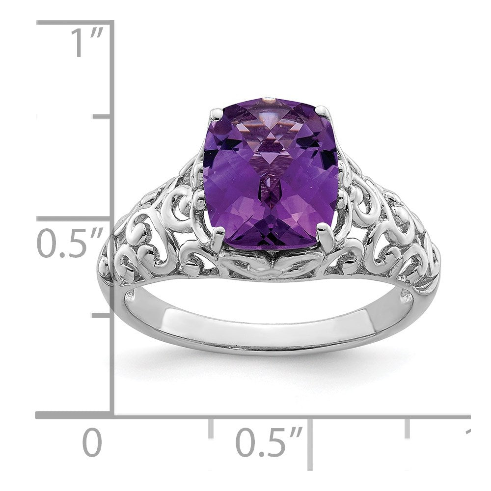 Sterling Silver Rhodium-plated Checker-Cut Amethyst Ring