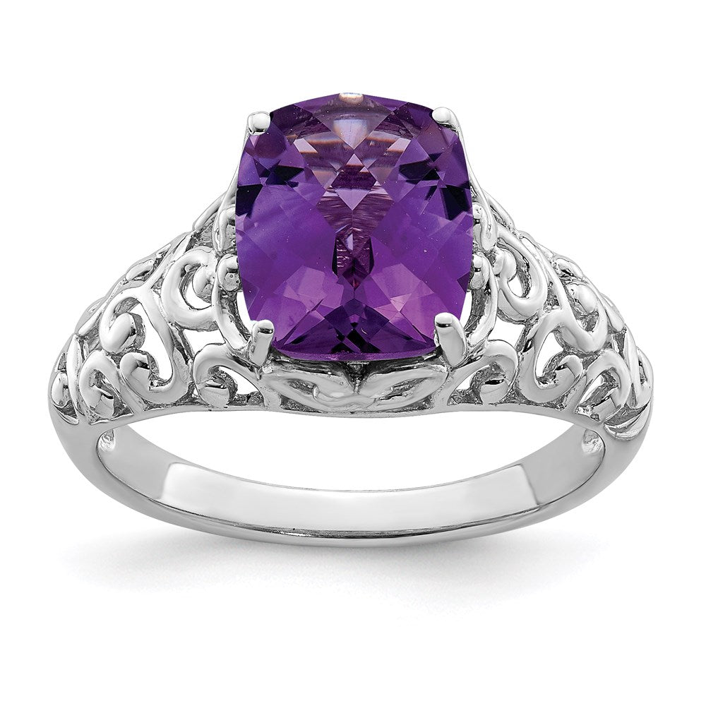 Sterling Silver Rhodium-plated Checker-Cut Amethyst Ring