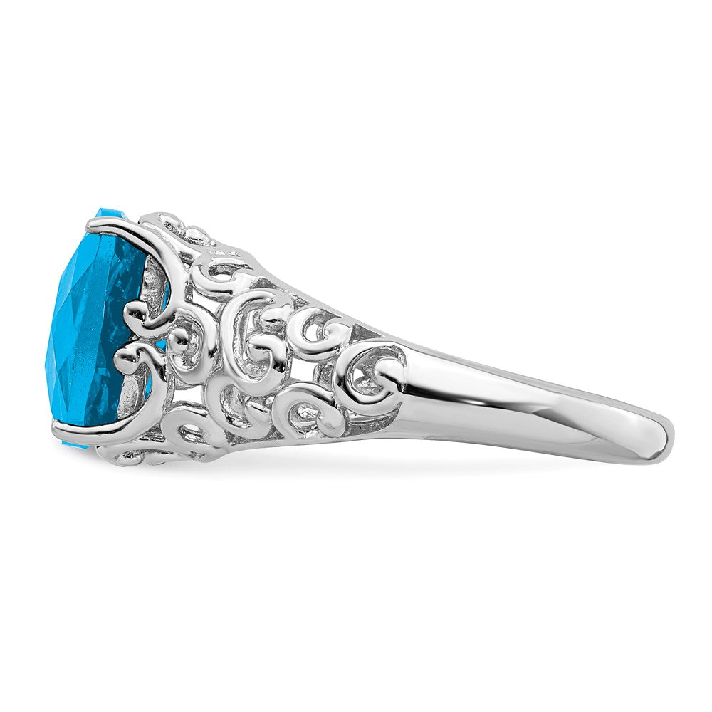 Sterling Silver Rhodium Checker-Cut Blue Topaz Ring