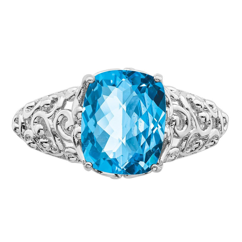 Sterling Silver Rhodium Checker-Cut Blue Topaz Ring