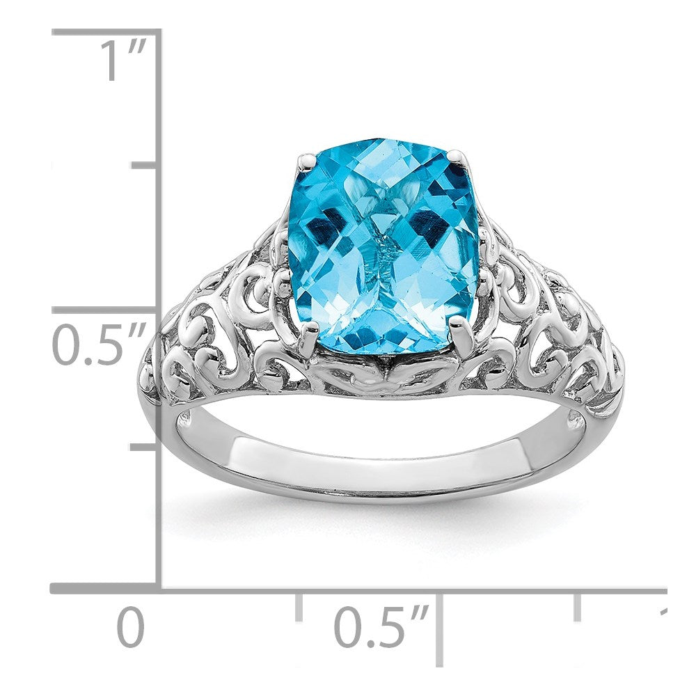 Sterling Silver Rhodium Checker-Cut Blue Topaz Ring