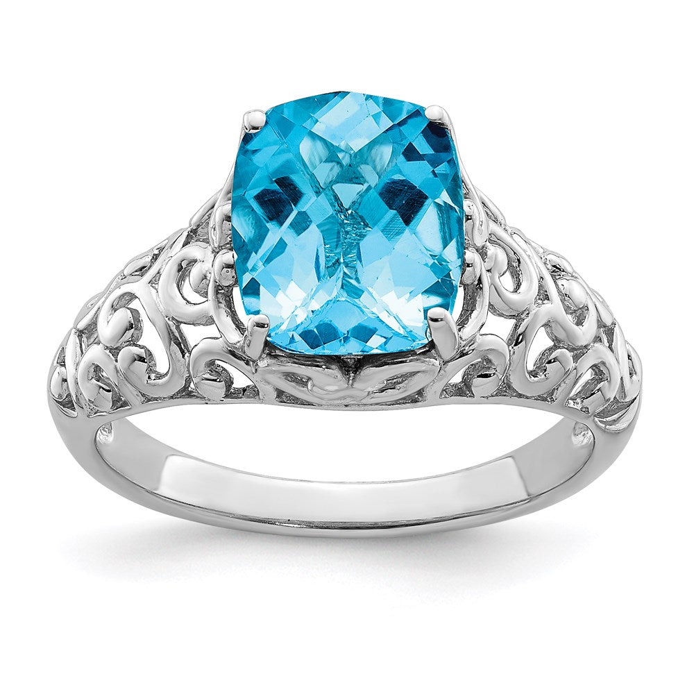 Sterling Silver Rhodium Checker-Cut Blue Topaz Ring