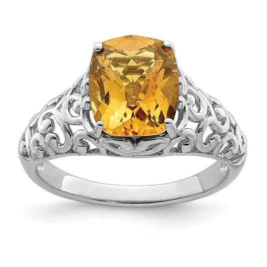 Sterling Silver Rhodium Checker-Cut Citrine Ring