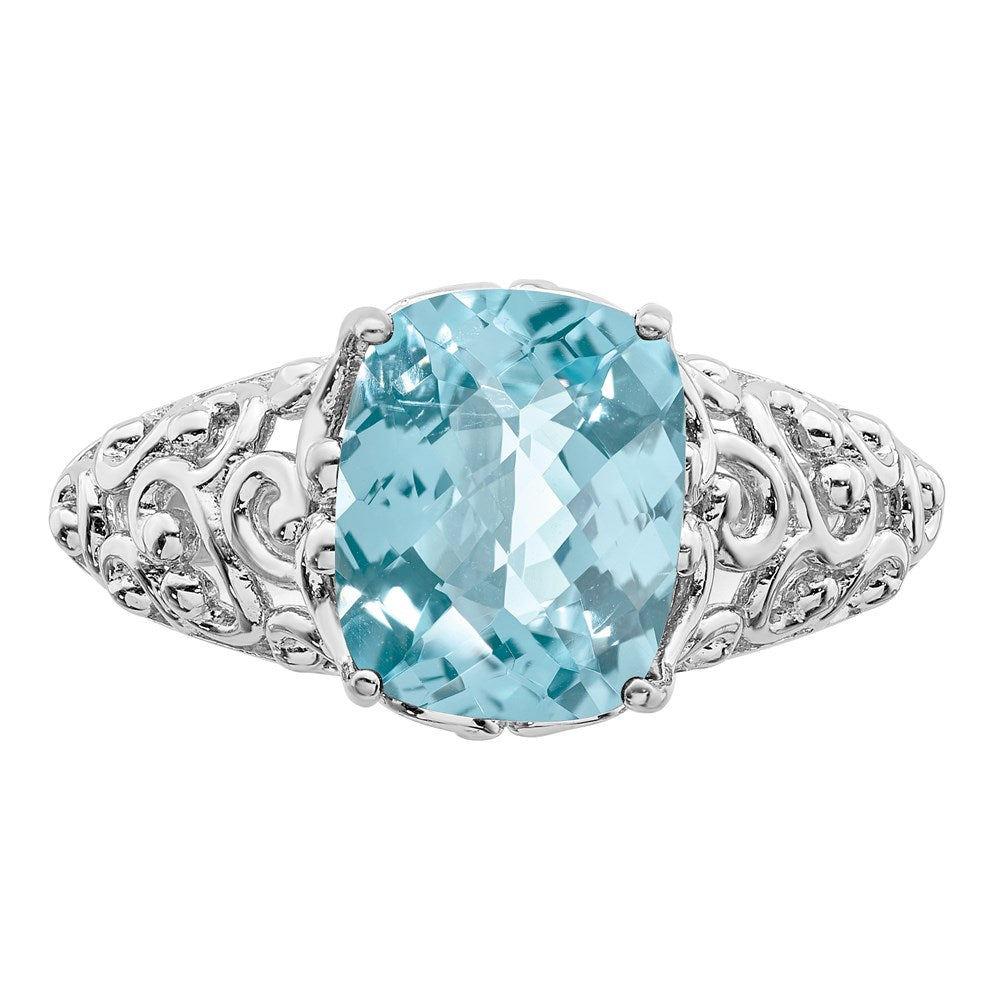 Sterling Silver Rhodium Checker-Cut Sky Blue Topaz Ring