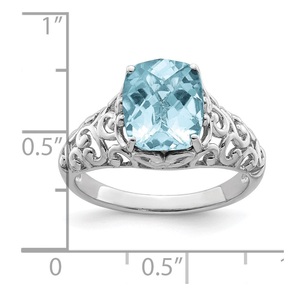 Sterling Silver Rhodium Checker-Cut Sky Blue Topaz Ring