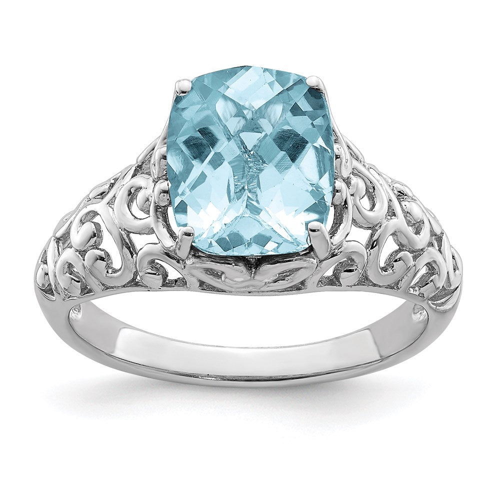 Sterling Silver Rhodium Checker-Cut Sky Blue Topaz Ring