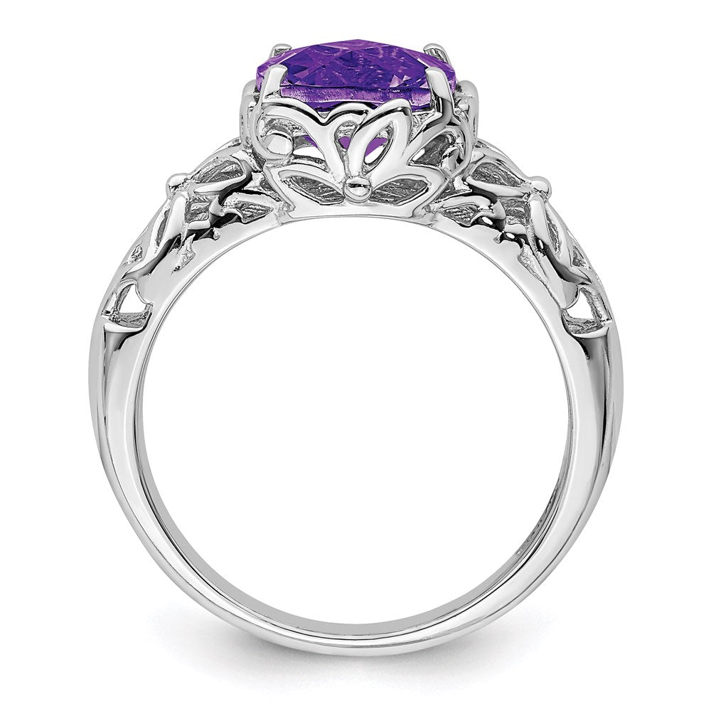 Sterling Silver Rhodium-plated Checker-Cut Amethyst Ring