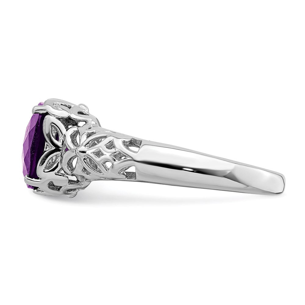 Sterling Silver Rhodium-plated Checker-Cut Amethyst Ring