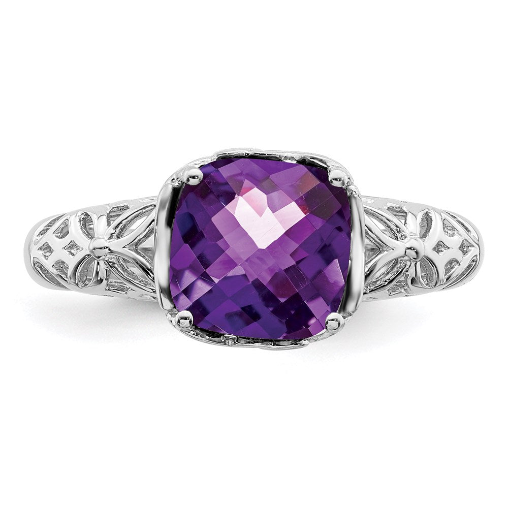 Sterling Silver Rhodium-plated Checker-Cut Amethyst Ring