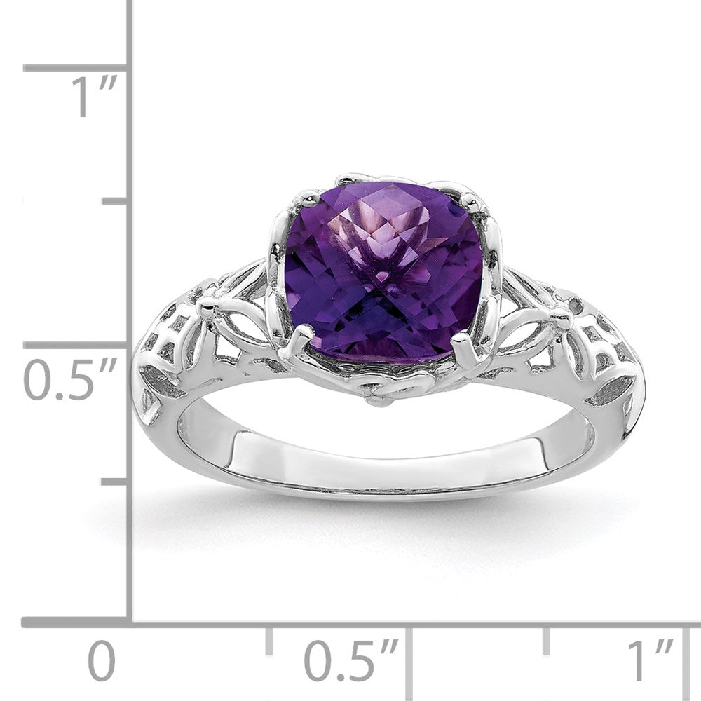 Sterling Silver Rhodium-plated Checker-Cut Amethyst Ring