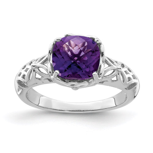 Sterling Silver Rhodium-plated Checker-Cut Amethyst Ring