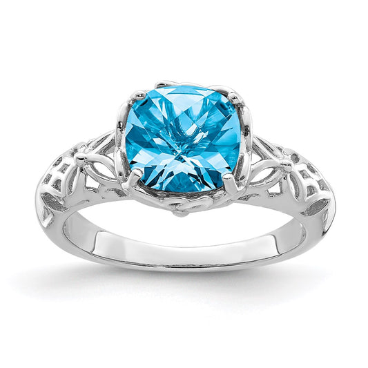 Sterling Silver Rhodium Checker-Cut Blue Topaz Ring