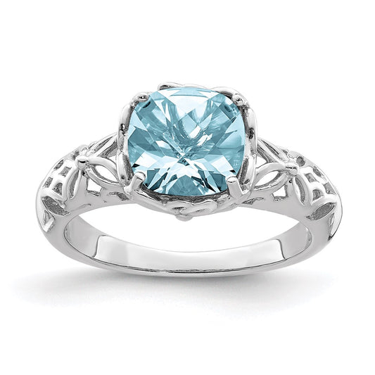 Sterling Silver Rhodium Checker-Cut Sky Blue Topaz Ring