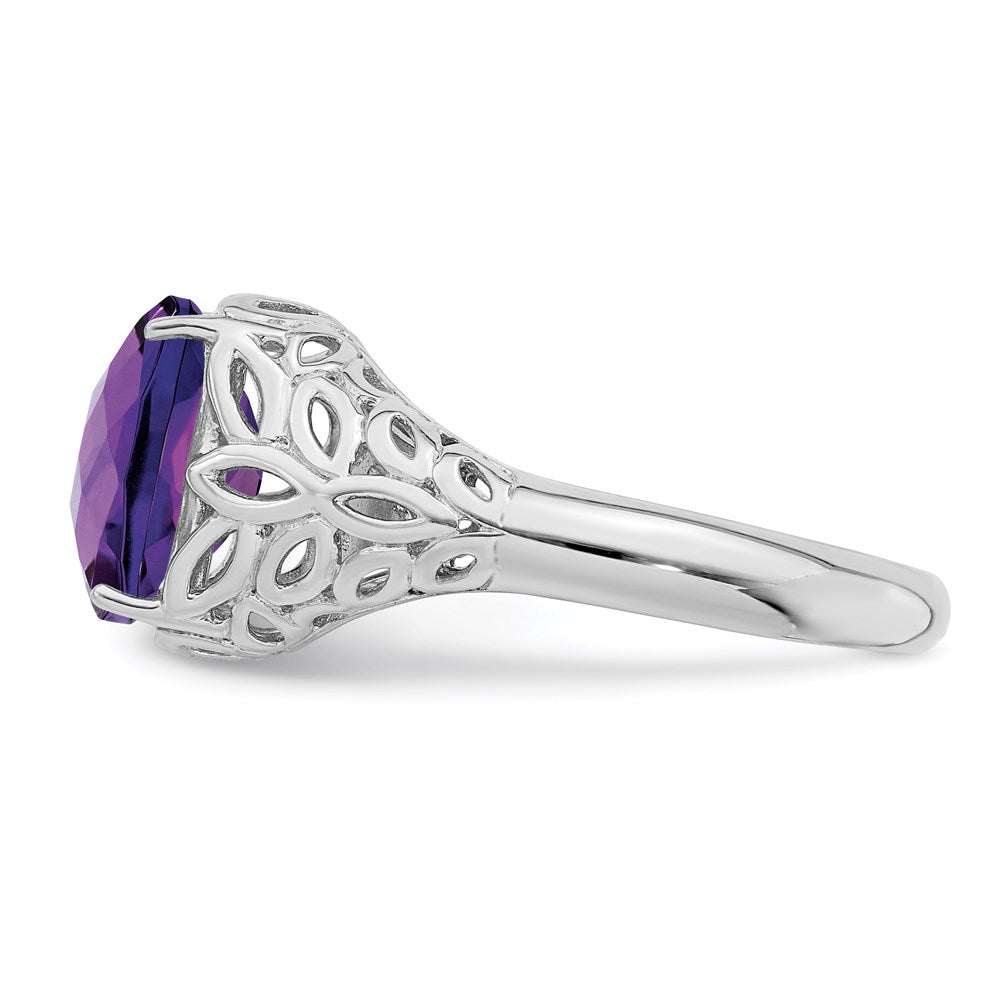 Sterling Silver Rhodium-plated Checker-Cut Amethyst Ring