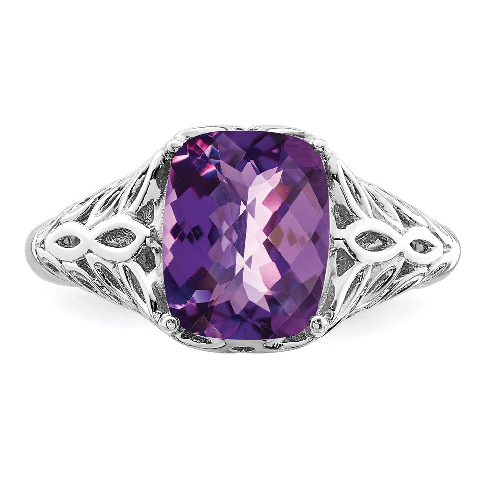 Sterling Silver Rhodium-plated Checker-Cut Amethyst Ring