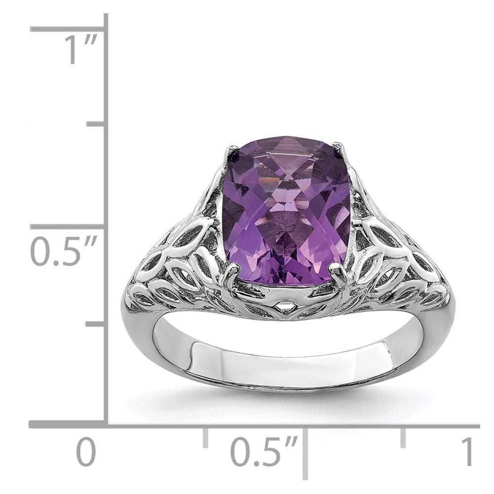 Sterling Silver Rhodium-plated Checker-Cut Amethyst Ring