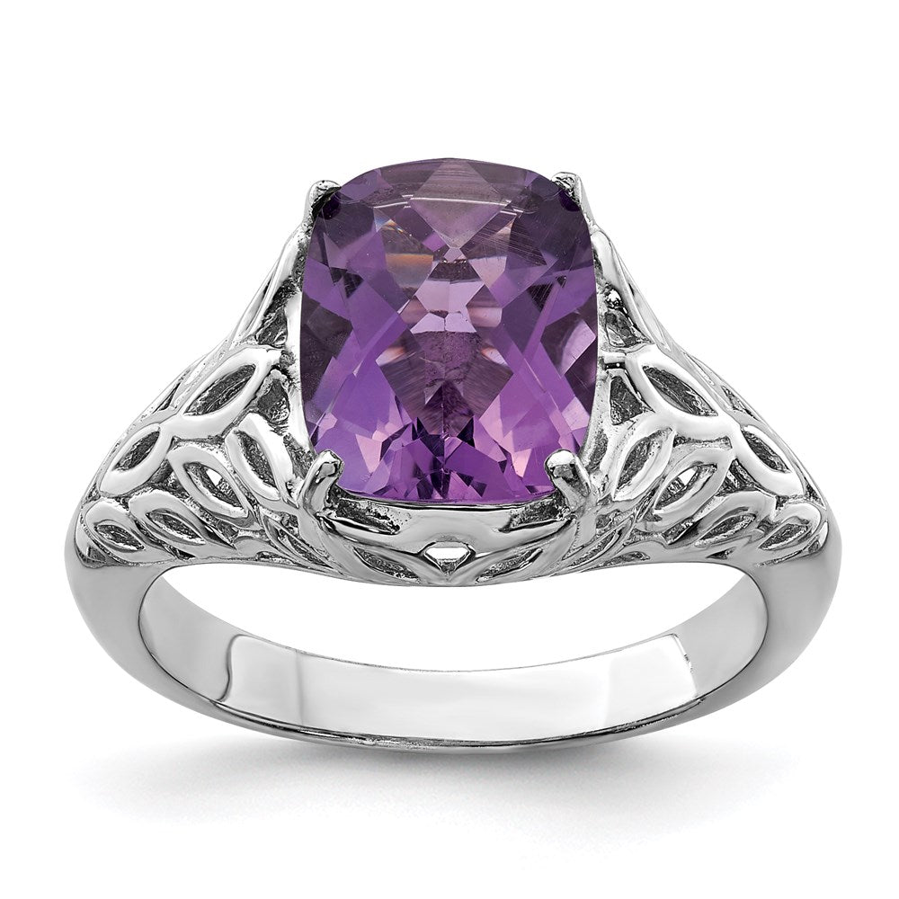 Sterling Silver Rhodium-plated Checker-Cut Amethyst Ring