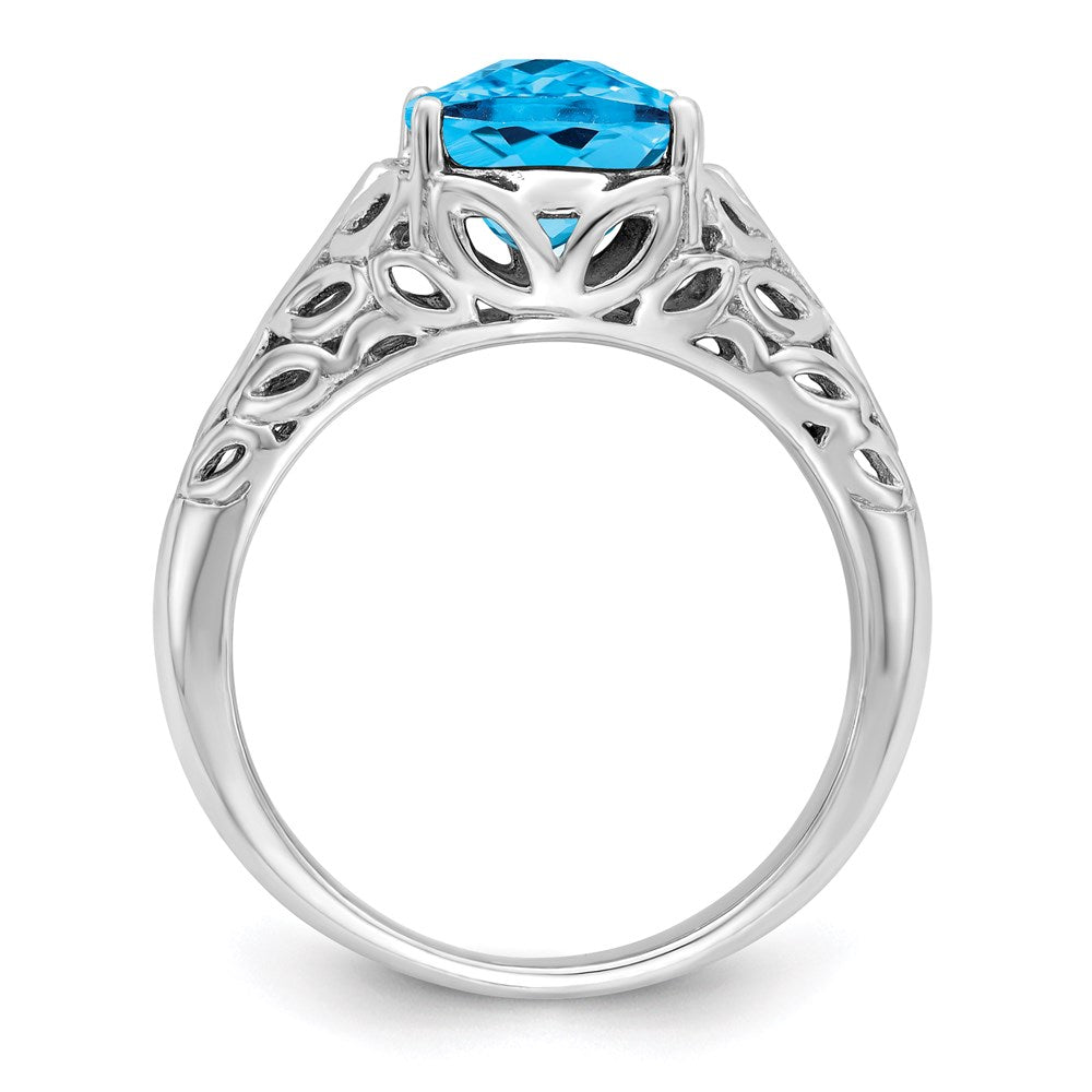 Sterling Silver Rhodium Checker-Cut Blue Topaz Ring