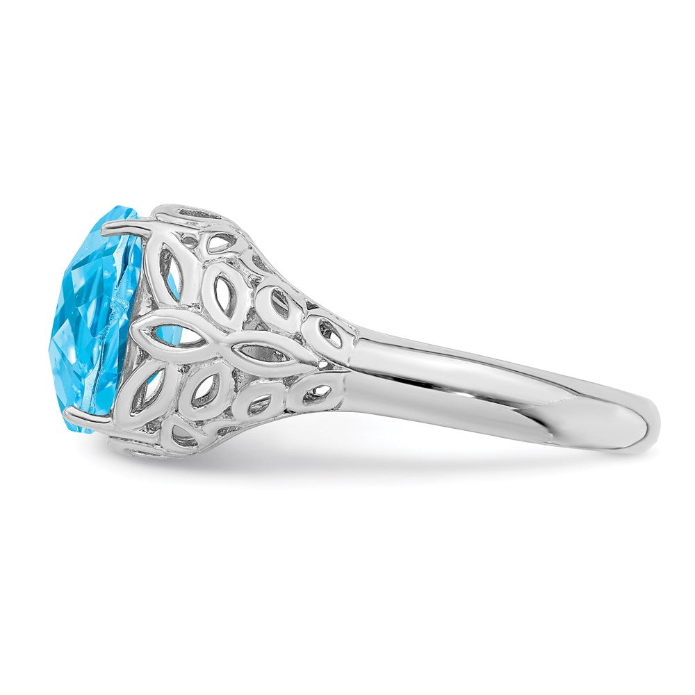 Sterling Silver Rhodium Checker-Cut Blue Topaz Ring