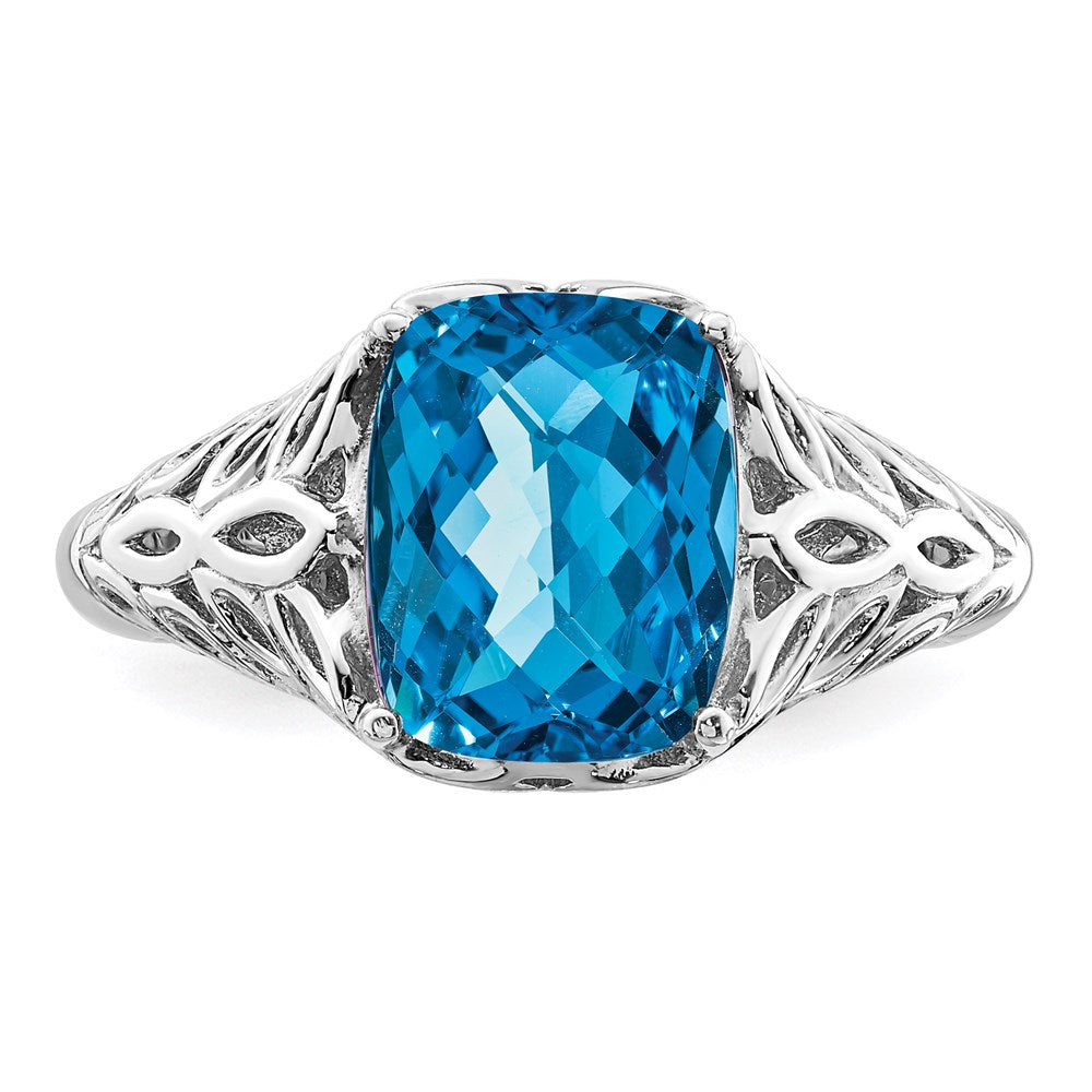 Sterling Silver Rhodium Checker-Cut Blue Topaz Ring