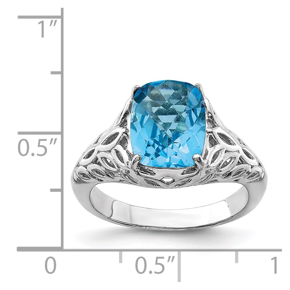 Sterling Silver Rhodium Checker-Cut Blue Topaz Ring