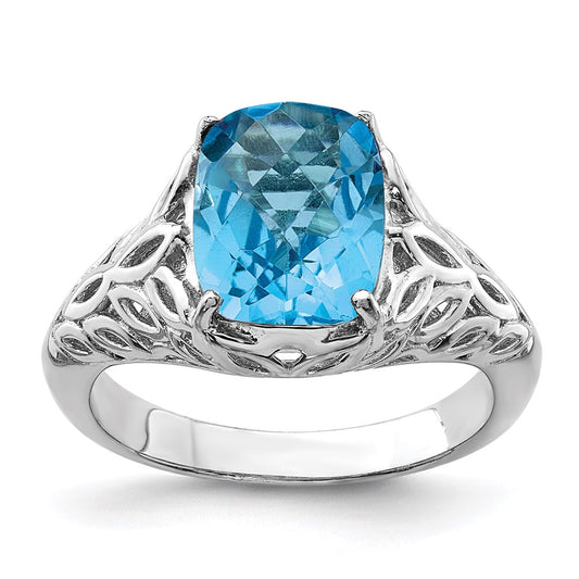 Sterling Silver Rhodium Checker-Cut Blue Topaz Ring