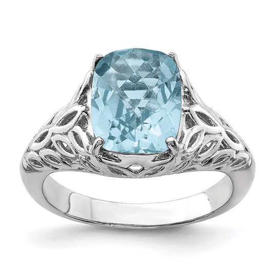 Sterling Silver Rhodium Checker-Cut Sky Blue Topaz Ring