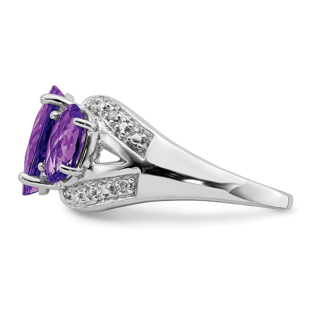 Sterling Silver Rhodium-plated Checker-Cut Amethyst & Diamond Ring