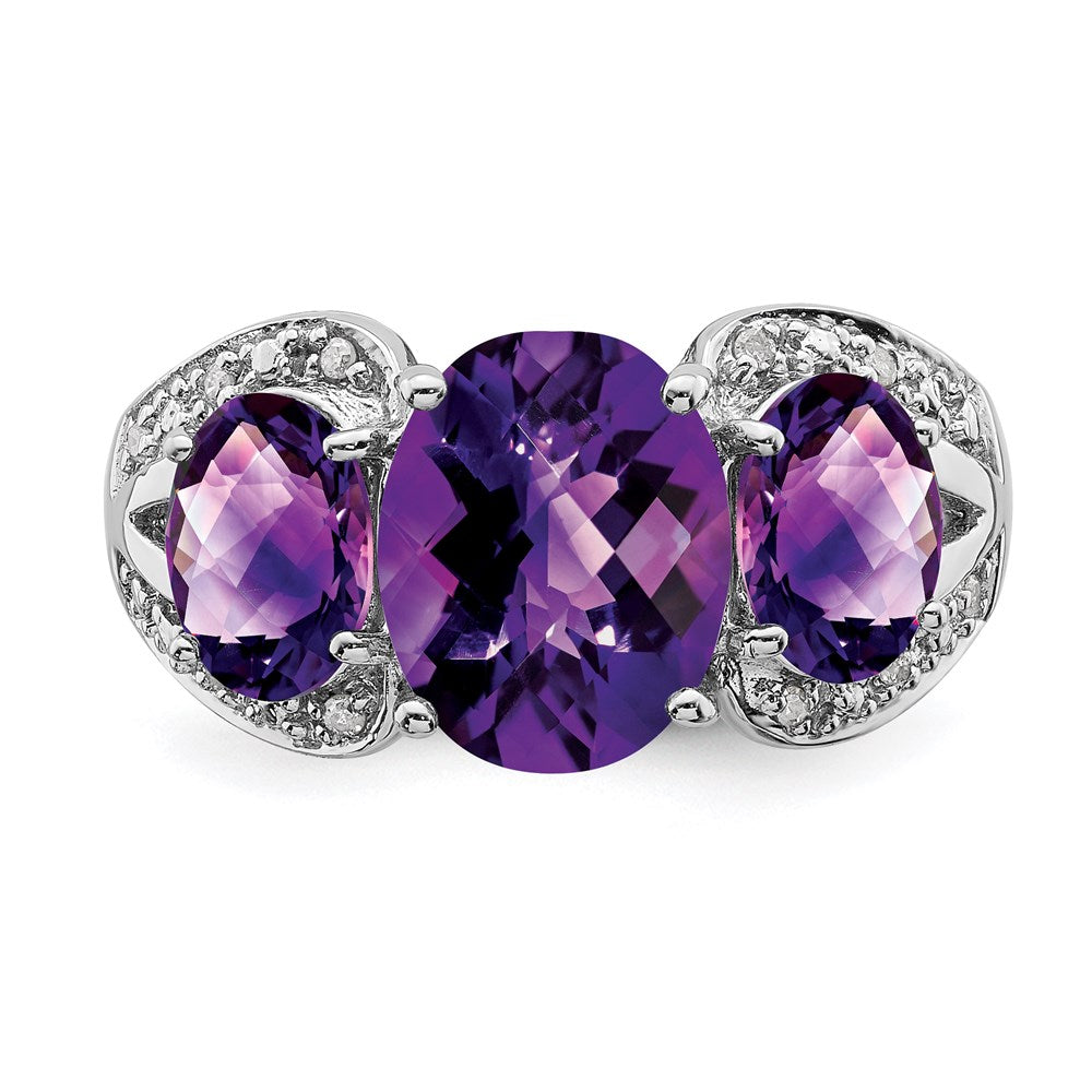 Sterling Silver Rhodium-plated Checker-Cut Amethyst & Diamond Ring