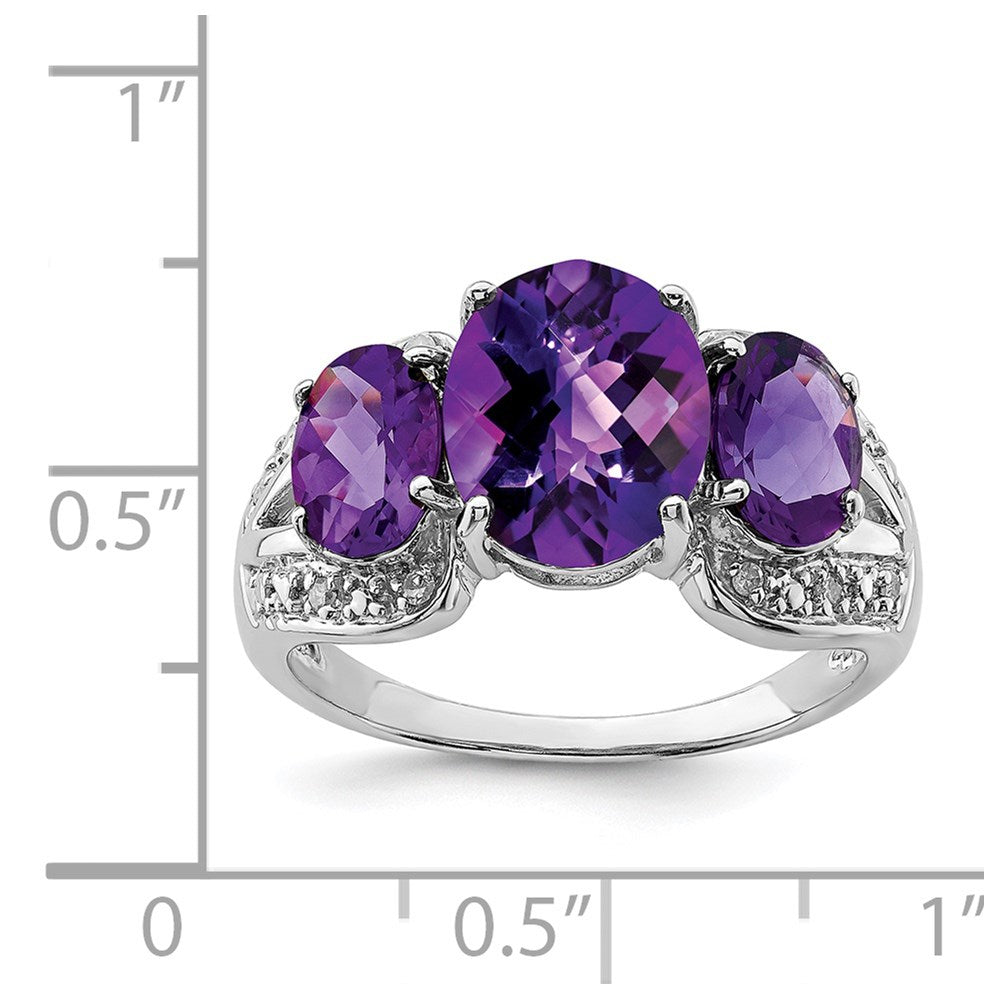 Sterling Silver Rhodium-plated Checker-Cut Amethyst & Diamond Ring