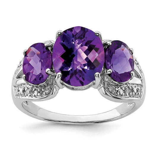 Sterling Silver Rhodium-plated Checker-Cut Amethyst & Diamond Ring