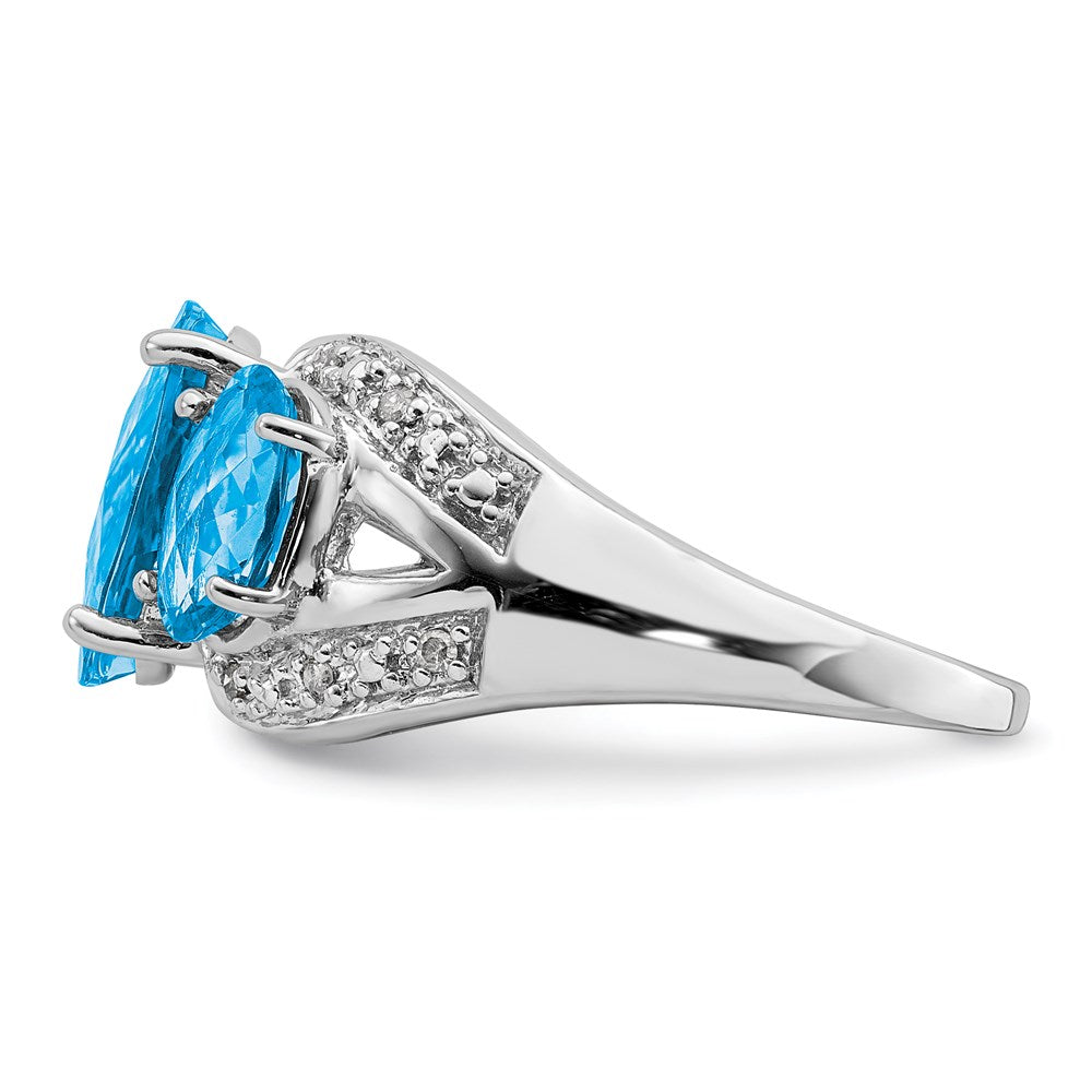 Sterling Silver Rhodium Checker-Cut Blue Topaz & Diamond Ring