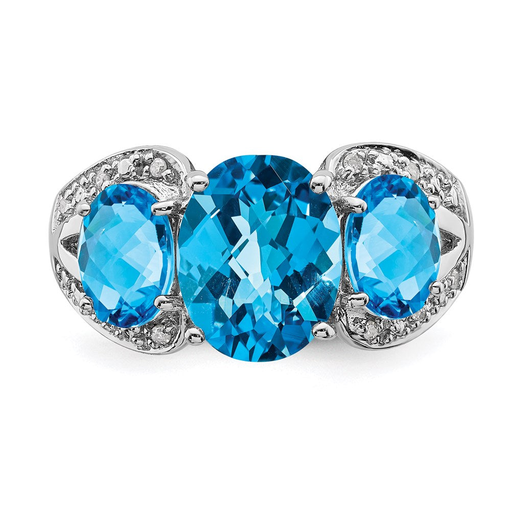 Sterling Silver Rhodium Checker-Cut Blue Topaz & Diamond Ring