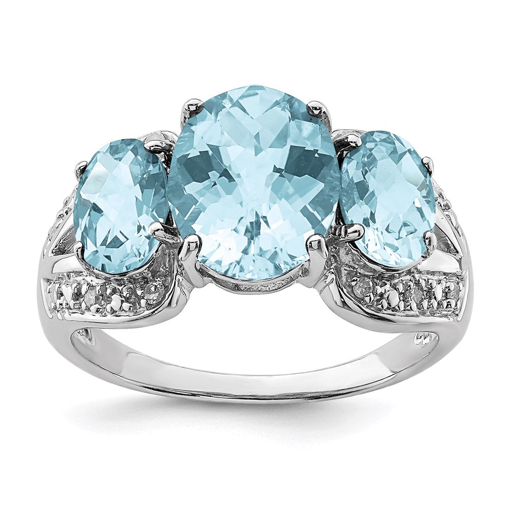 Sterling Silver Rhodium Checker-Cut Sky Blue Topaz & Diamond Ring